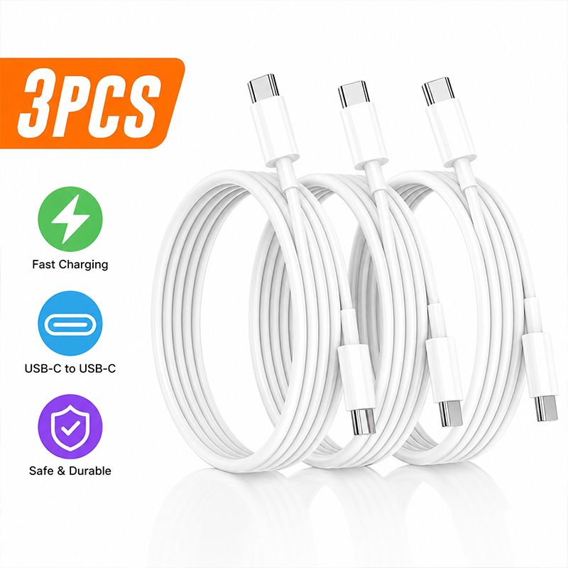 3Pack 3m 60W USB C to C Cable OD3.0 TPE 130 Strand 0.1 Copper Wire Fast Charging Cable